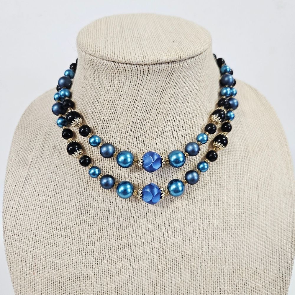 Vintage Signed Japan Double-Strand Blue Iridescent Faceted Glass Beaded Necklace